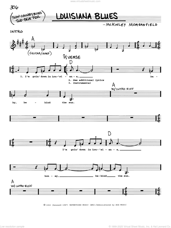 Louisiana Blues sheet music for voice and other instruments (real book with lyrics) by Muddy Waters and McKinley Morganfield, intermediate skill level