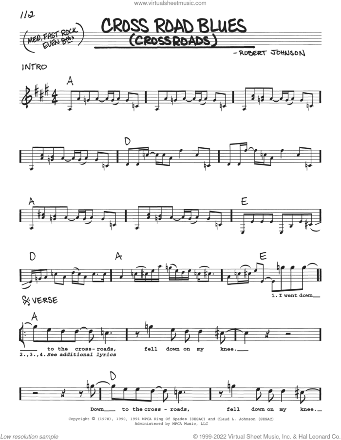 Cross Road Blues (Crossroads) sheet music for voice and other instruments (real book with lyrics) by Robert Johnson, Cream and Eric Clapton, intermediate skill level