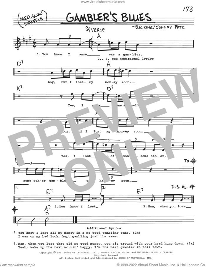 Gambler's Blues sheet music for voice and other instruments (real book with lyrics) by B.B. King and Johnny Pate, intermediate skill level