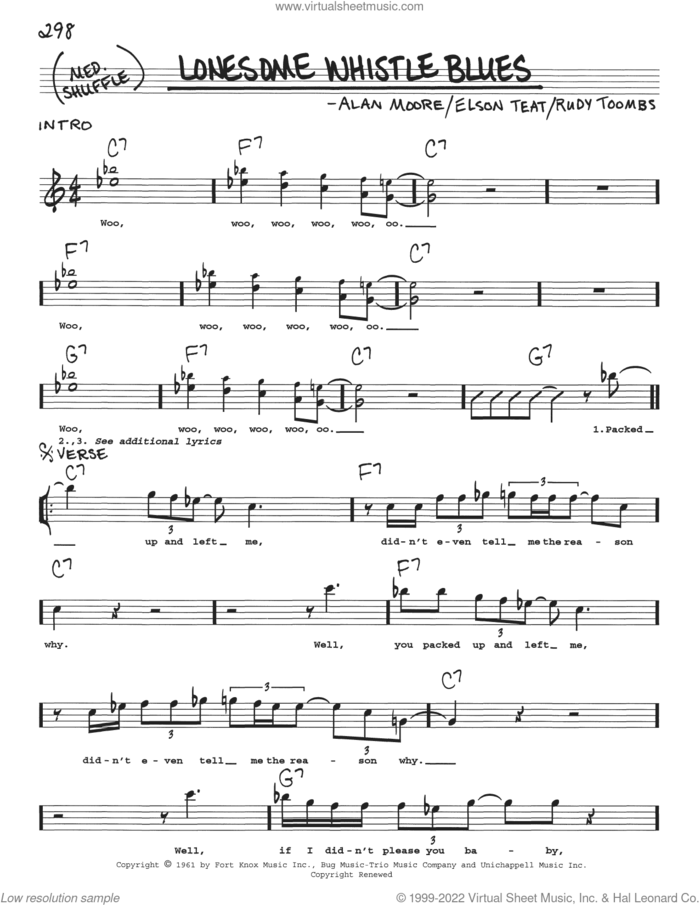Lonesome Whistle Blues sheet music for voice and other instruments (real book with lyrics) by Rudy Toombs, Alan Moore and Elson Teat, intermediate skill level