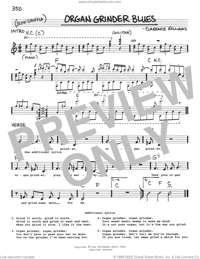 Organ Grinder Blues sheet music for voice and other instruments (real book with lyrics) by Clarence Williams, intermediate skill level