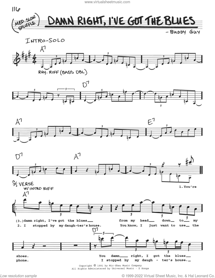 Damn Right, I've Got The Blues sheet music for voice and other instruments (real book with lyrics) by Buddy Guy, intermediate skill level