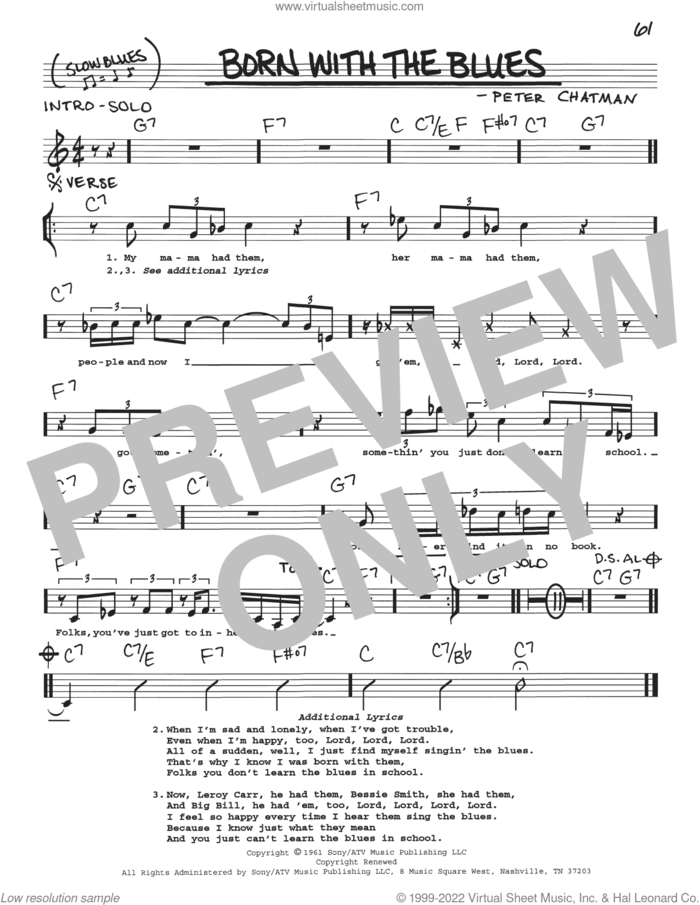 Born With The Blues sheet music for voice and other instruments (real book with lyrics) by Memphis Slim and Peter Chatman, intermediate skill level