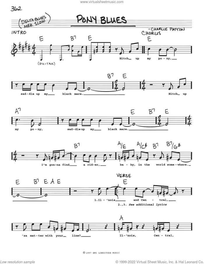 Pony Blues sheet music for voice and other instruments (real book with lyrics) by Charlie Patton, intermediate skill level