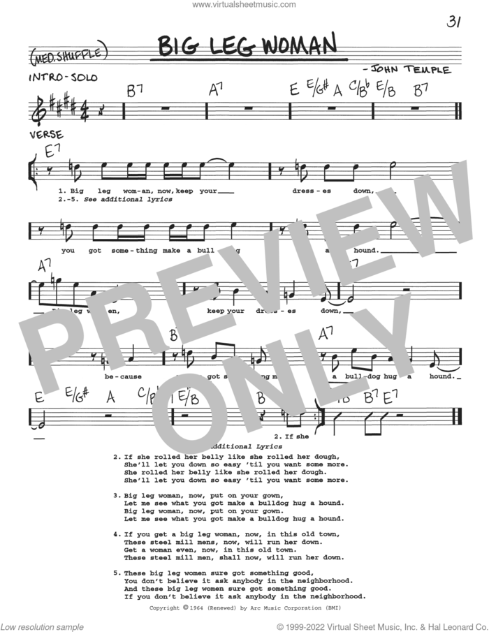 Big Leg Woman sheet music for voice and other instruments (real book with lyrics) by Muddy Waters and John Temple, intermediate skill level