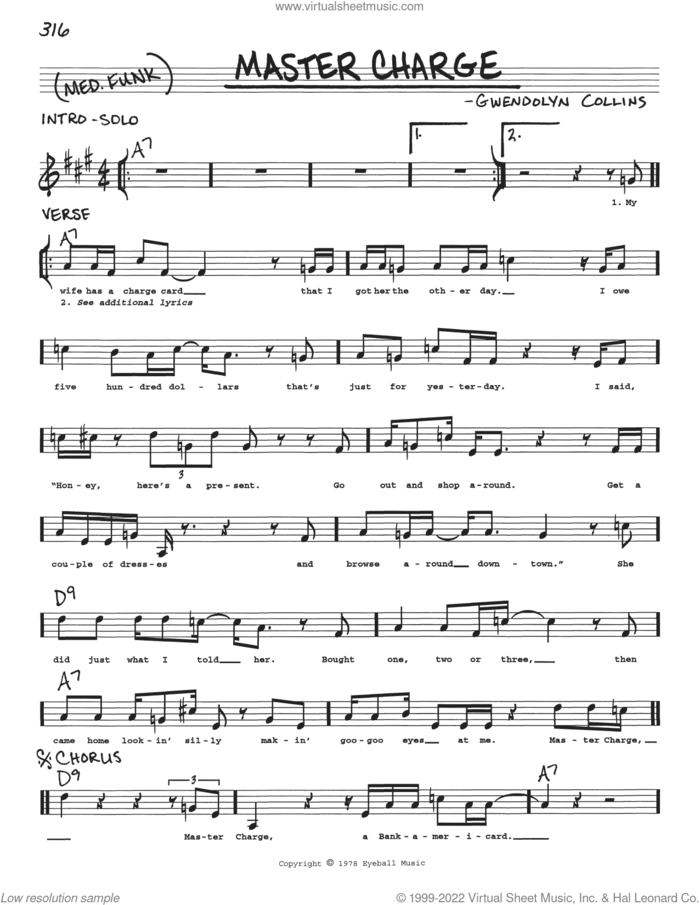Master Charge sheet music for voice and other instruments (real book with lyrics) by Albert Collins and Gwendolyn Collins, intermediate skill level