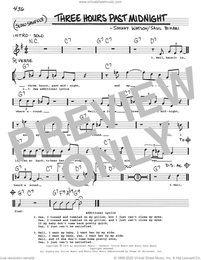 Three Hours Past Midnight sheet music for voice and other instruments (real book with lyrics) by Johnny Watson and Saul Bihari, intermediate skill level