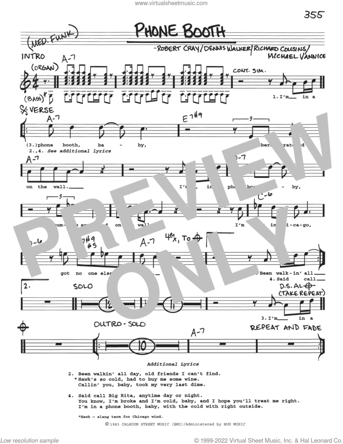 Phone Booth sheet music for voice and other instruments (real book with lyrics) by Robert Cray, Dennis L. Walker, Michael Vannice and Richard Cousins, intermediate skill level