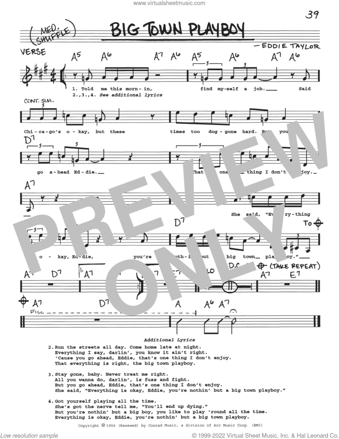 Big Town Playboy sheet music for voice and other instruments (real book with lyrics) by Eddie Taylor and Little Johnny Jones, intermediate skill level