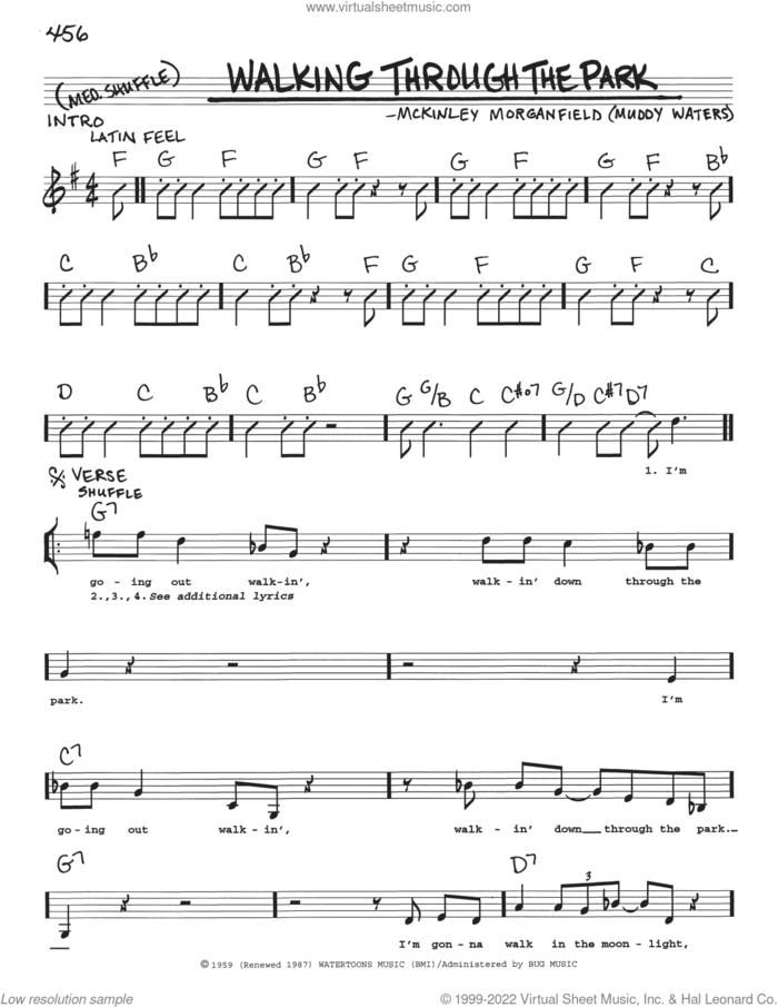 Walking Through The Park sheet music for voice and other instruments (real book with lyrics) by Muddy Waters and McKinley Morganfield, intermediate skill level