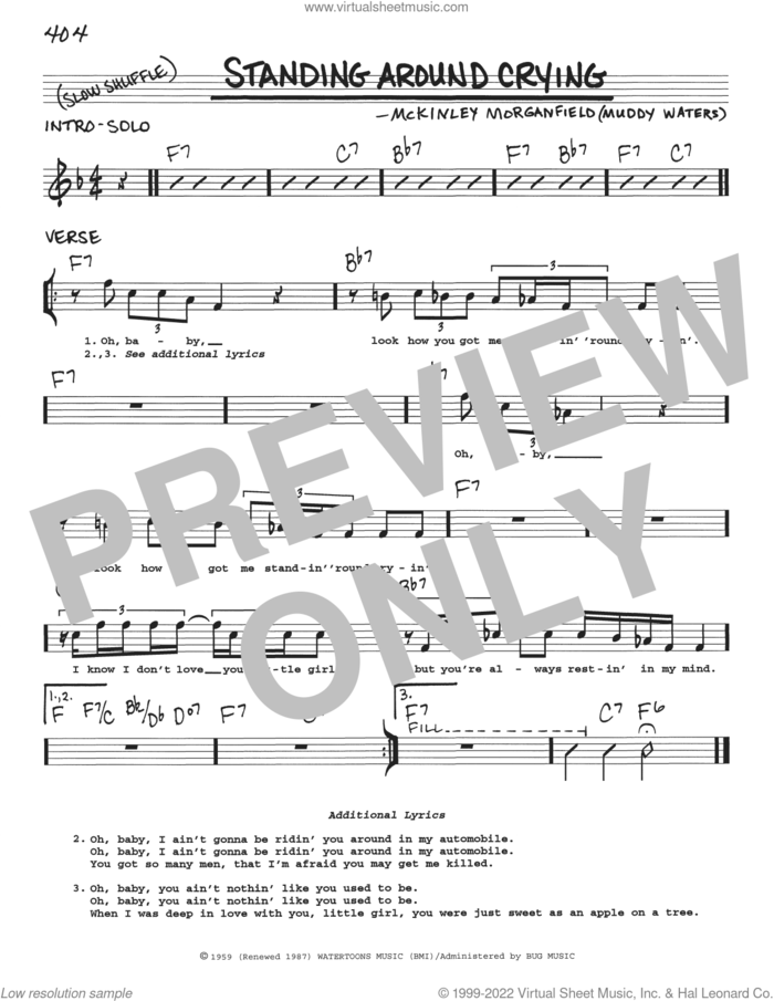 Standing Around Crying sheet music for voice and other instruments (real book with lyrics) by Muddy Waters and McKinley Morganfield, intermediate skill level