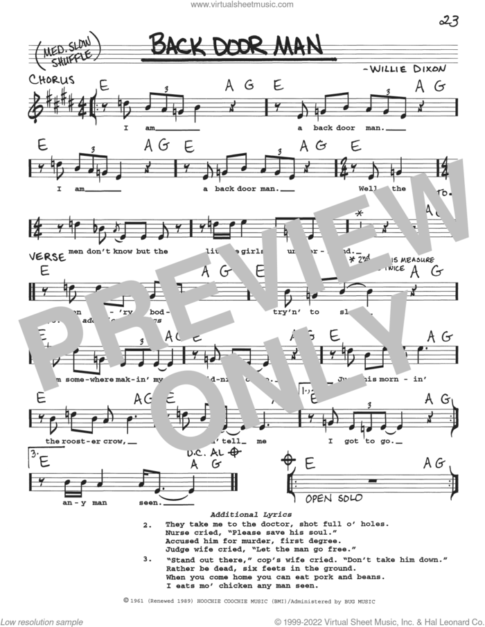 Back Door Man sheet music for voice and other instruments (real book with lyrics) by Willie Dixon and The Doors, intermediate skill level