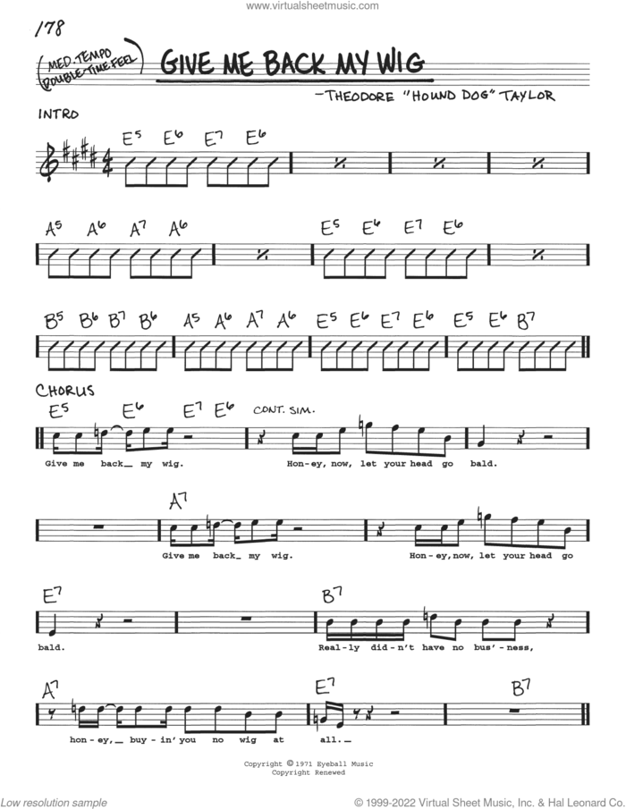 Give Me Back My Wig sheet music for voice and other instruments (real book with lyrics) by Theodore 'Hound Dog' Taylor and Stevie Ray Vaughan, intermediate skill level