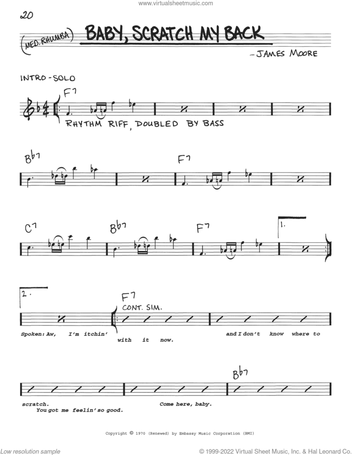 Baby, Scratch My Back sheet music for voice and other instruments (real book with lyrics) by Slim Harpo and James Moore, intermediate skill level