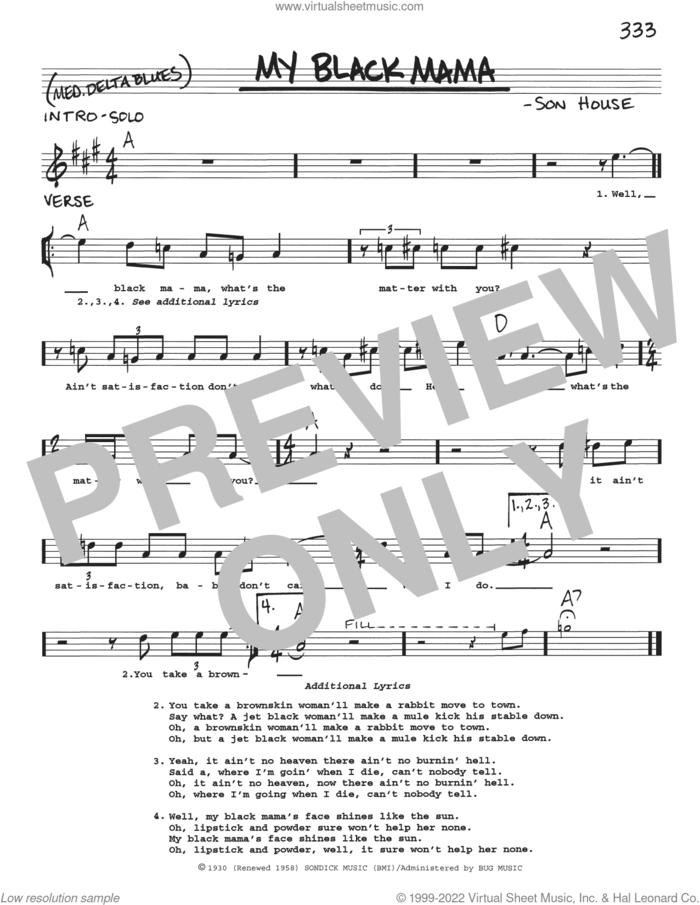 My Black Mama sheet music for voice and other instruments (real book with lyrics) by Son House, intermediate skill level
