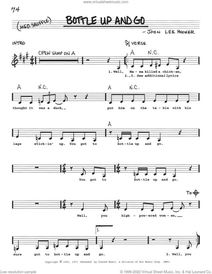 Bottle Up And Go sheet music for voice and other instruments (real book with lyrics) by John Lee Hooker, intermediate skill level