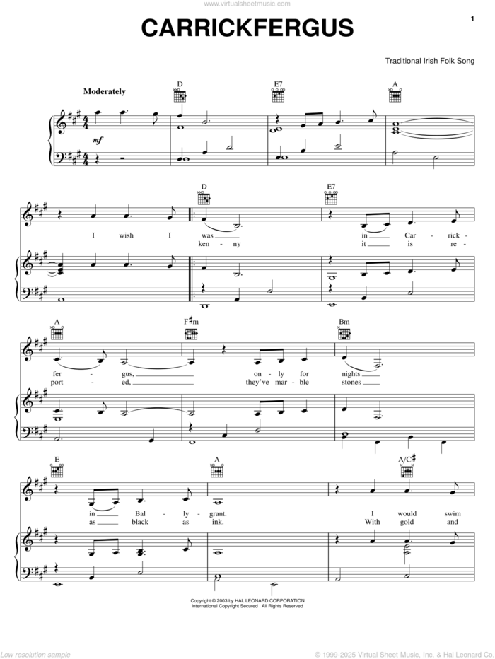 Carrickfergus sheet music for voice, piano or guitar, intermediate skill level