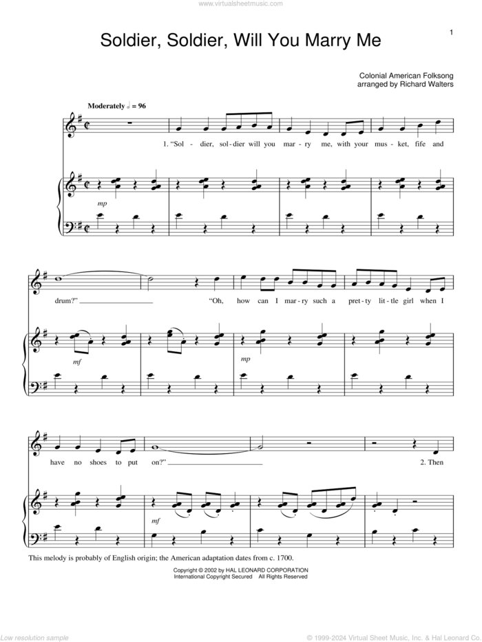 Soldier, Soldier Will You Marry Me sheet music for voice and piano, intermediate skill level