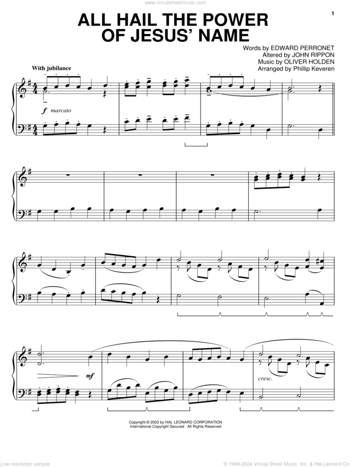 All Hail The Power Of Jesus' Name (arr. Phillip Keveren) sheet music for piano solo by Edward Perronet, Phillip Keveren, John Rippon and Oliver Holden, intermediate skill level