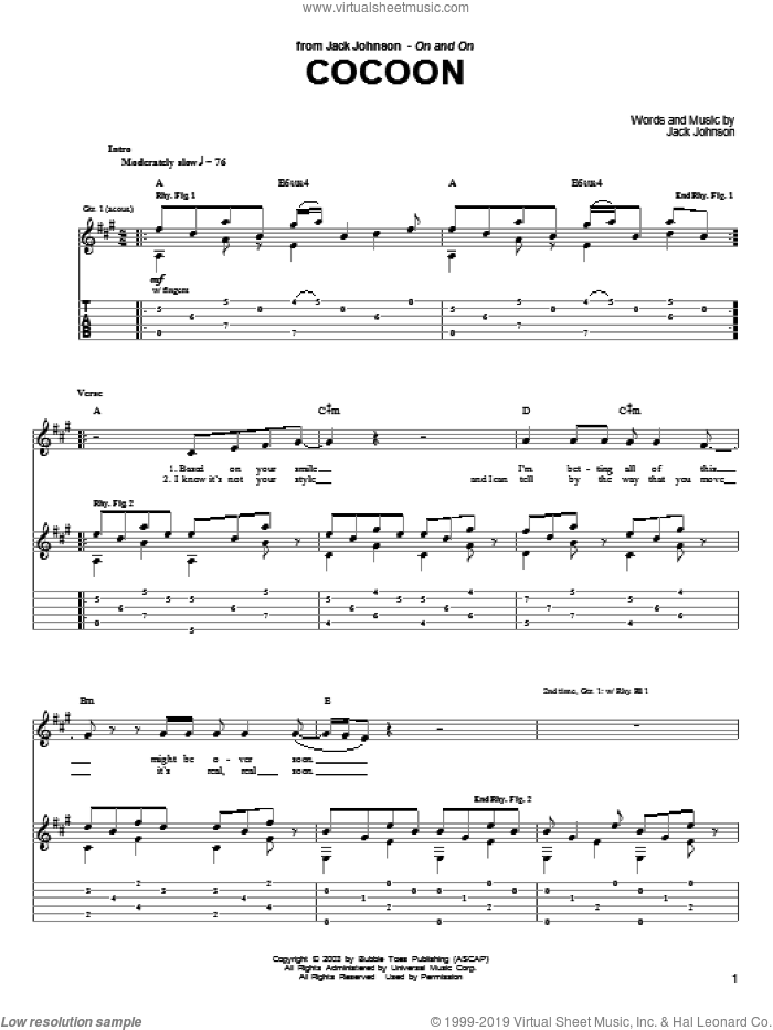 Cocoon sheet music for guitar (tablature) by Jack Johnson, intermediate skill level