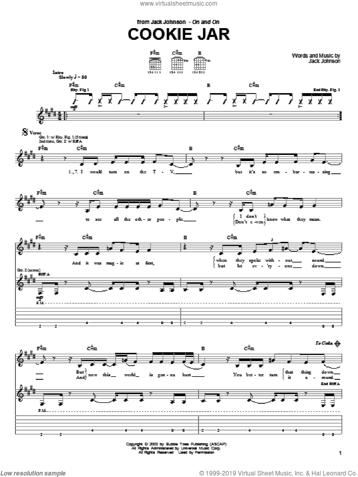 Cookie Jar sheet music for guitar (tablature) by Jack Johnson, intermediate skill level