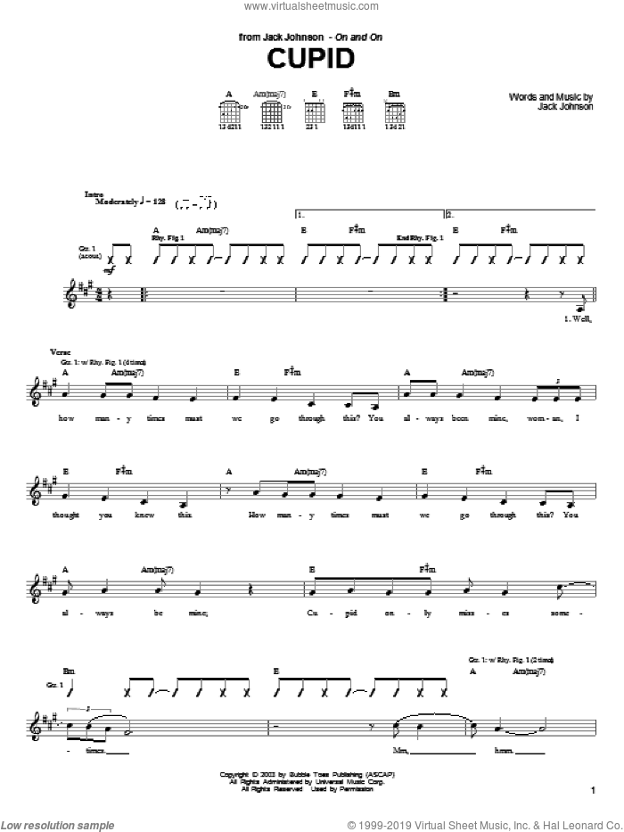 Cupid sheet music for guitar (tablature) by Jack Johnson, intermediate skill level