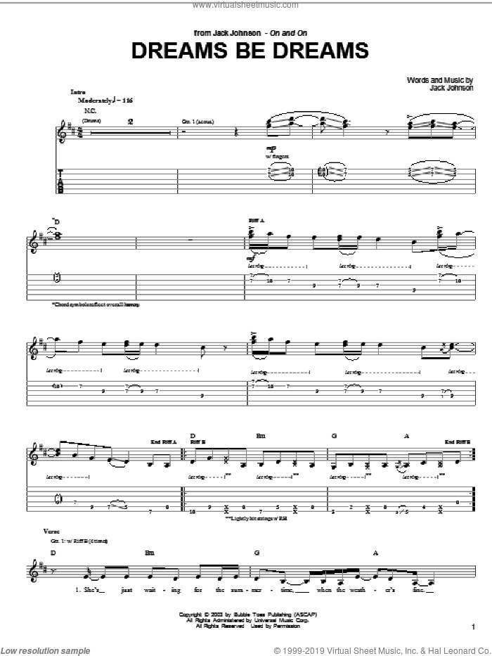 Dreams Be Dreams sheet music for guitar (tablature) by Jack Johnson, intermediate skill level