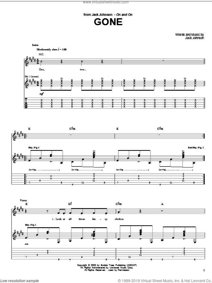 Gone sheet music for guitar (tablature) by Jack Johnson, intermediate skill level
