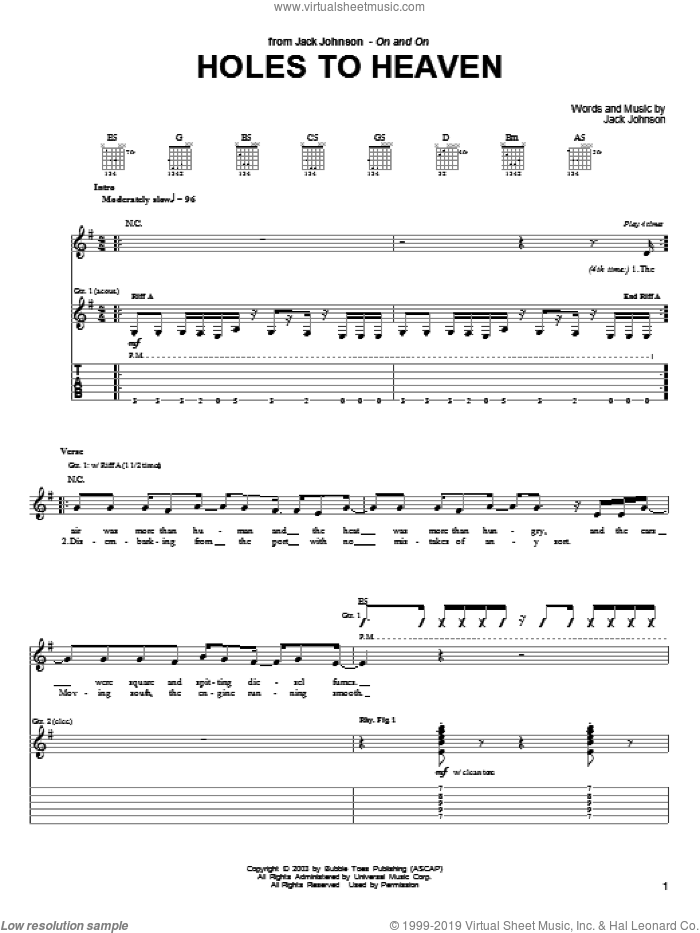 Holes To Heaven sheet music for guitar (tablature) by Jack Johnson, intermediate skill level