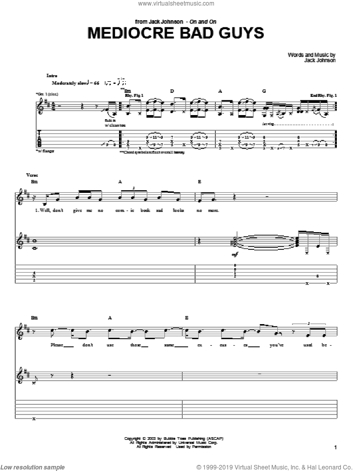 Mediocre Bad Guys sheet music for guitar (tablature) by Jack Johnson, intermediate skill level