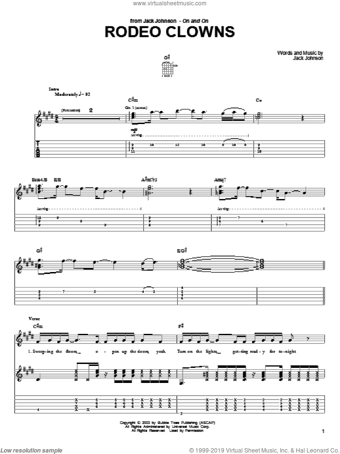 Rodeo Clowns sheet music for guitar (tablature) by Jack Johnson, intermediate skill level