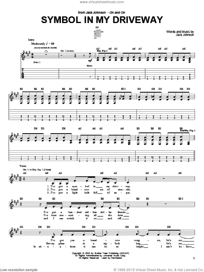 Symbol In My Driveway sheet music for guitar (tablature) by Jack Johnson, intermediate skill level