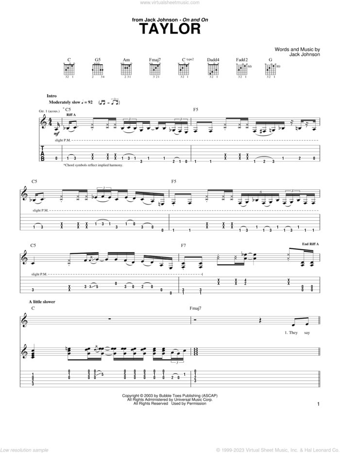 Taylor sheet music for guitar (tablature) by Jack Johnson, intermediate skill level