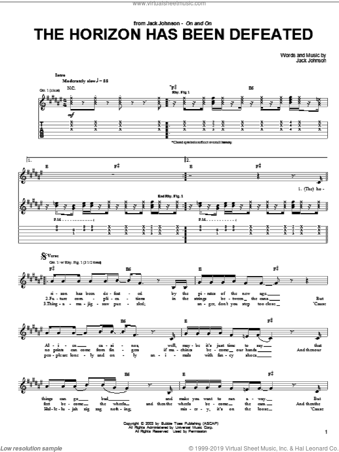 The Horizon Has Been Defeated sheet music for guitar (tablature) by Jack Johnson, intermediate skill level