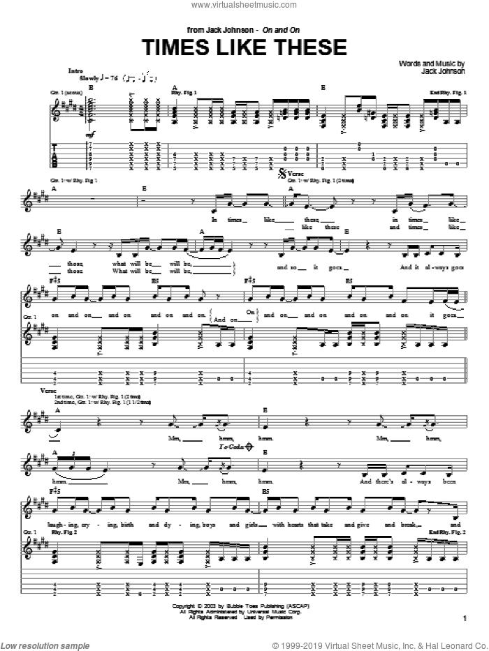 Times Like These sheet music for guitar (tablature) by Jack Johnson, intermediate skill level