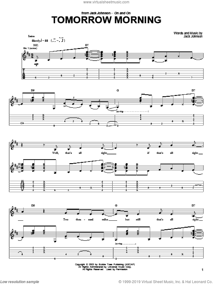 Tomorrow Morning sheet music for guitar (tablature) by Jack Johnson, intermediate skill level