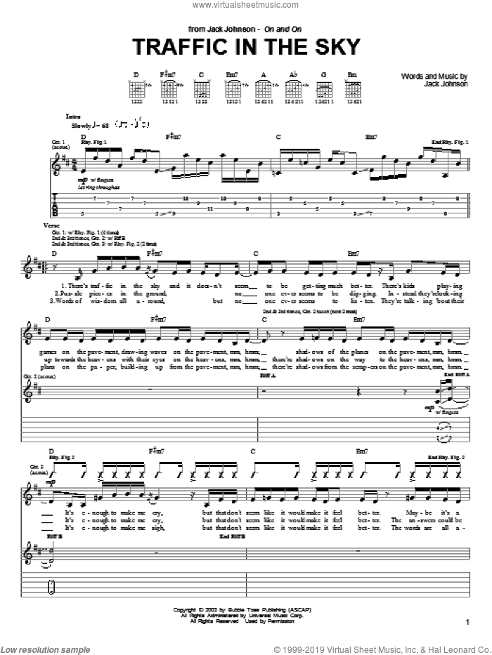 Traffic In The Sky sheet music for guitar (tablature) by Jack Johnson, intermediate skill level