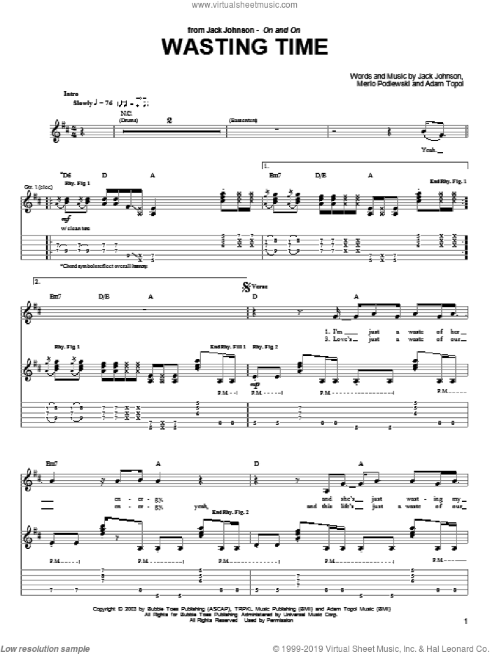 Wasting Time sheet music for guitar (tablature) by Jack Johnson, Adam Topol and Merlo Podlewski, intermediate skill level