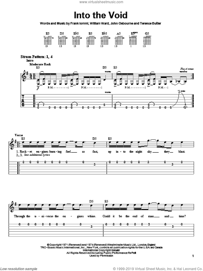 Into The Void sheet music for guitar solo (easy tablature) by Black Sabbath, Monster Magnet, Ozzy Osbourne, Frank Iommi, John Osbourne and William Ward, easy guitar (easy tablature)