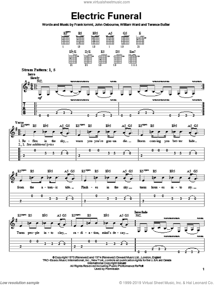 Electric Funeral sheet music for guitar solo (easy tablature) by Black Sabbath, Ozzy Osbourne, Pantera, Frank Iommi, John Osbourne and William Ward, easy guitar (easy tablature)