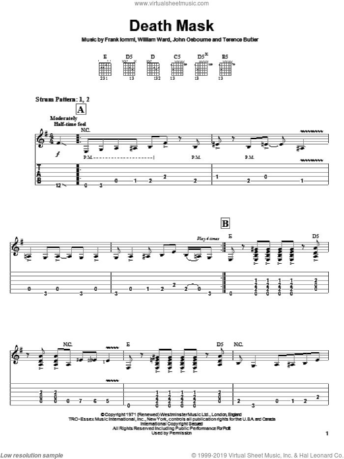 Death Mask sheet music for guitar solo (easy tablature) by Black Sabbath, Frank Iommi, John Osbourne and William Ward, easy guitar (easy tablature)
