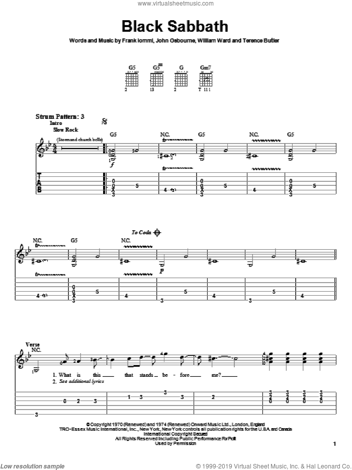 Black Sabbath sheet music for guitar solo (easy tablature) by Black Sabbath, Iced Earth, Ozzy Osbourne, Frank Iommi, John Osbourne and William Ward, easy guitar (easy tablature)