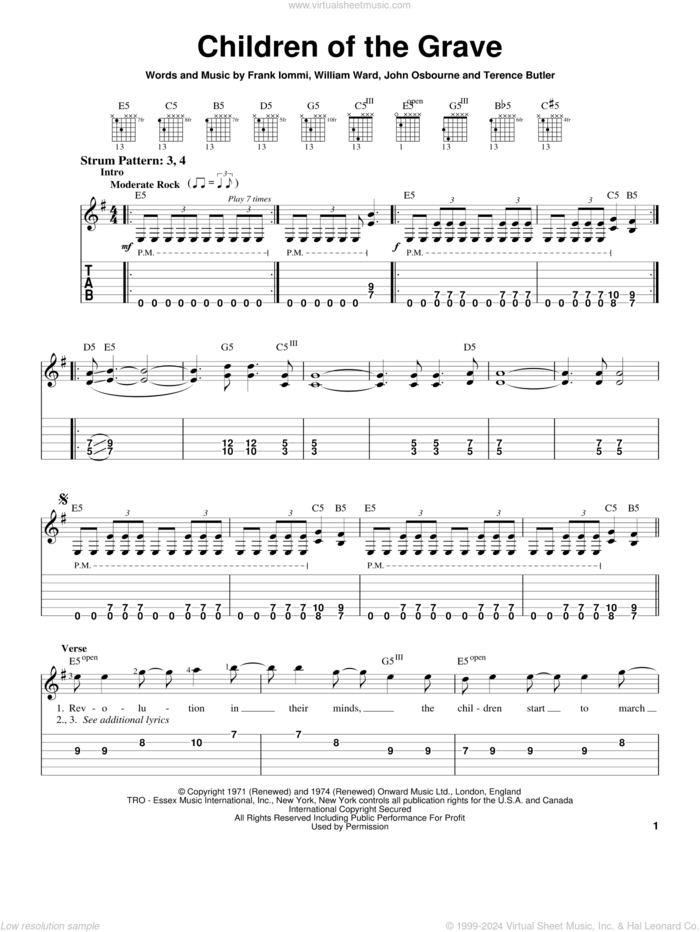 Children Of The Grave sheet music for guitar solo (easy tablature) by Black Sabbath, Ozzy Osbourne, White Zombie, Frank Iommi, John Osbourne and William Ward, easy guitar (easy tablature)