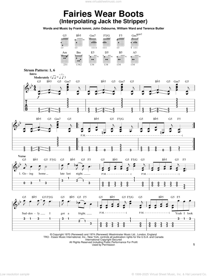 Fairies Wear Boots (Interpolating Jack The Stripper) sheet music for guitar solo (easy tablature) by Black Sabbath, Ozzy Osbourne, Frank Iommi, John Osbourne and William Ward, easy guitar (easy tablature)