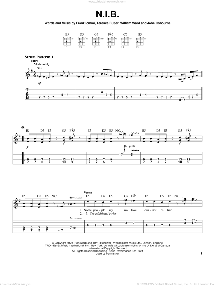 N.I.B. sheet music for guitar solo (easy tablature) by Black Sabbath, Ozzy Osbourne, Frank Iommi, Terence Butler and William Ward, easy guitar (easy tablature)