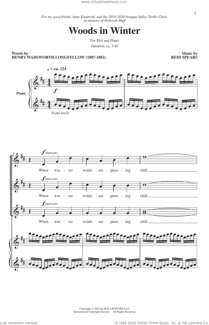 Woods In Winter sheet music for choir (SSA: soprano, alto) by Reid Spears and Henry Wadsworth Longfellow, intermediate skill level