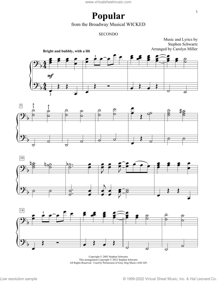 Popular (from Wicked) (arr. Carolyn Miller) sheet music for piano four hands by Stephen Schwartz and Carolyn Miller, intermediate skill level