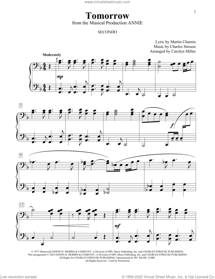 Tomorrow (from Annie) (arr. Carolyn Miller) sheet music for piano four hands by Charles Strouse, Carolyn Miller and Martin Charnin, intermediate skill level