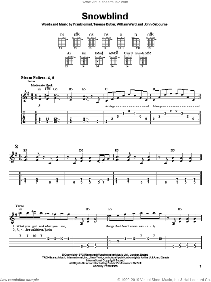 Snowblind sheet music for guitar solo (easy tablature) by Black Sabbath, Ozzy Osbourne, System Of A Down, Frank Iommi, Terence Butler and William Ward, easy guitar (easy tablature)