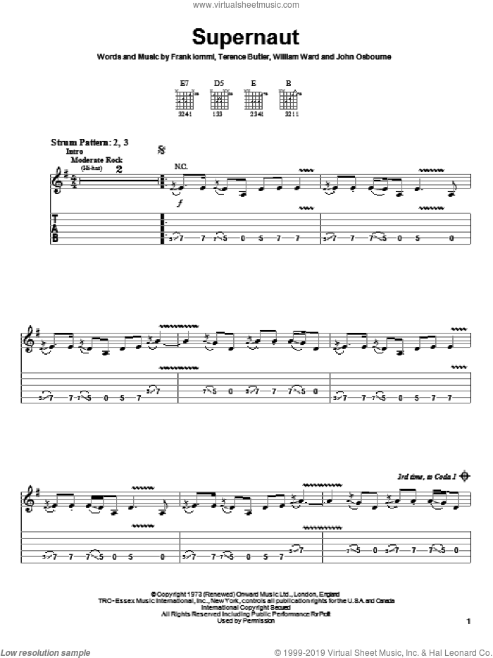 Supernaut sheet music for guitar solo (easy tablature) by Black Sabbath, Ministry, Frank Iommi, Terence Butler and William Ward, easy guitar (easy tablature)